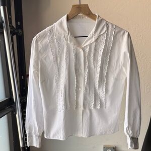 White Lace-Trim Button-Front Women's Blouse 70s Vintage size S